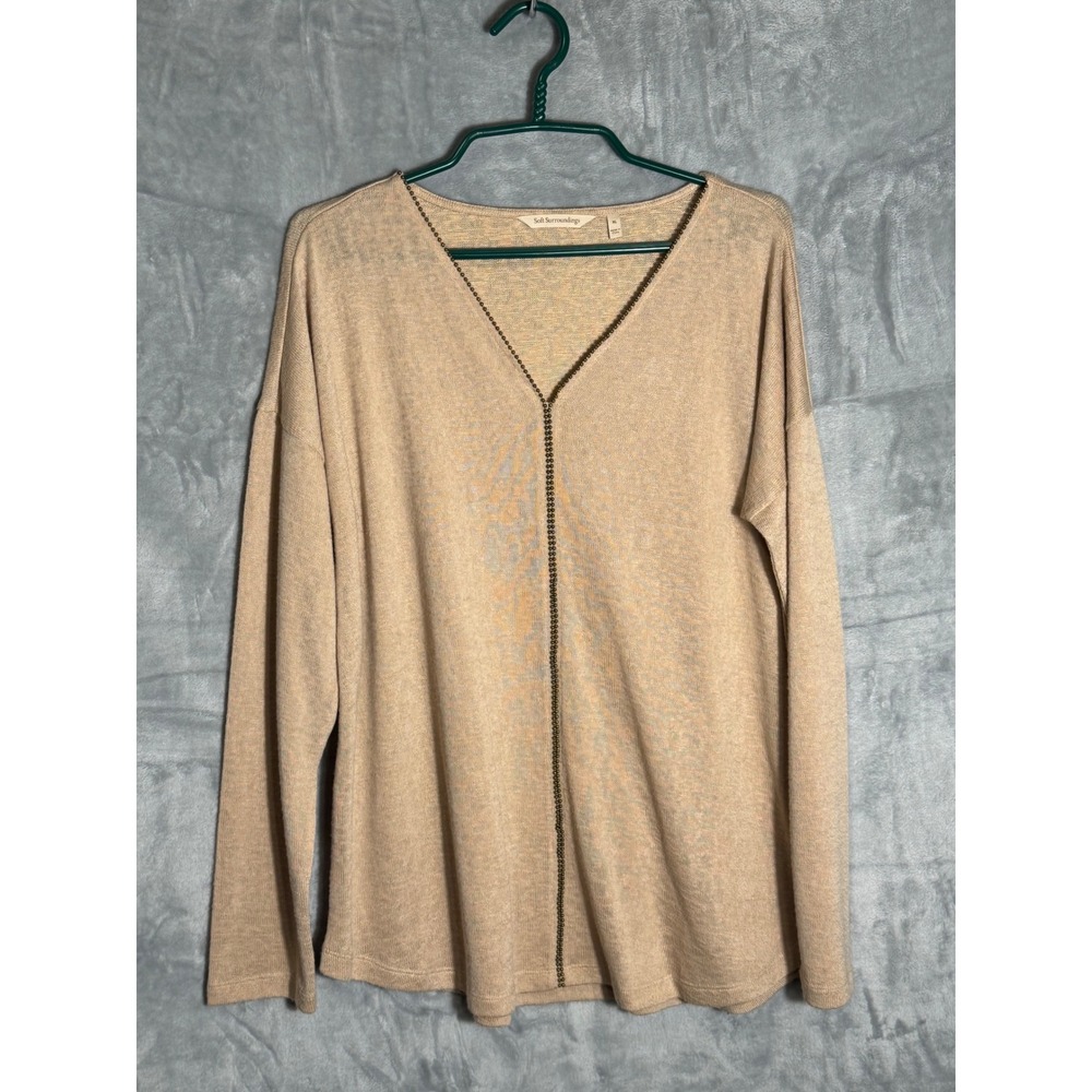Soft Surroundings Tan V-Neck Ball Chain Trim Knit Sweater Top XL 2DQ59